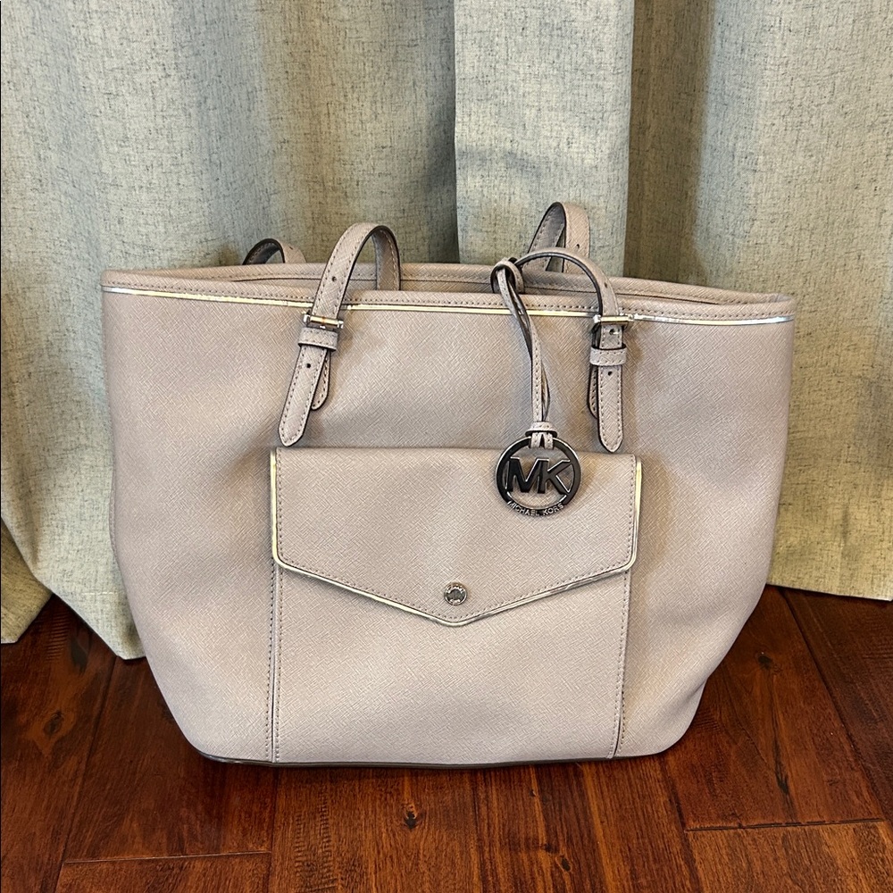 Michael Kors Beige Tote Bag with Silver Accents